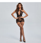 Bodystocking en dentelle noire extensible avec porte-jarretelles